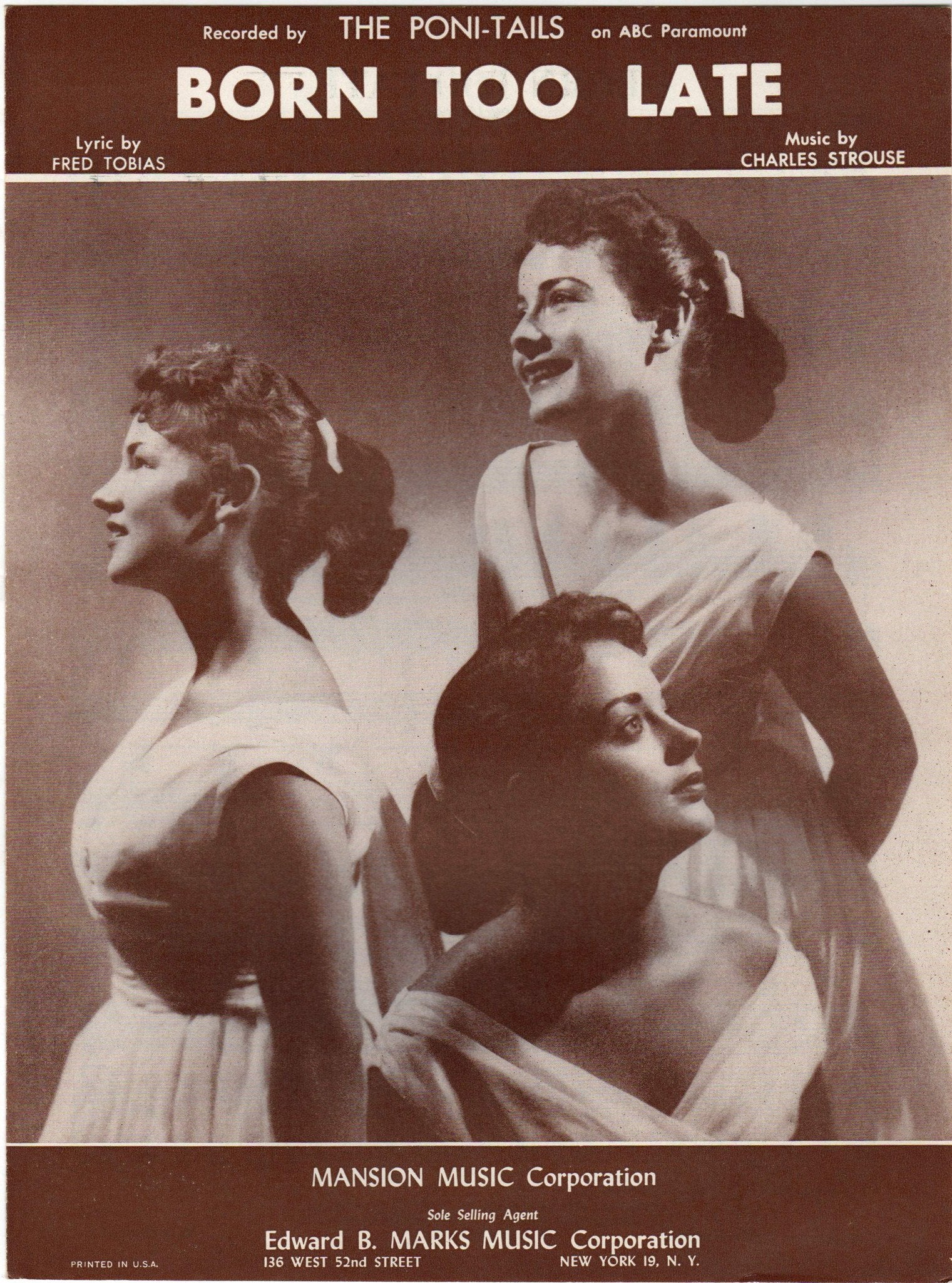 Born Too Late The Poni-Tails Vintage Song & Lyrics Sheet Music 1958 ...