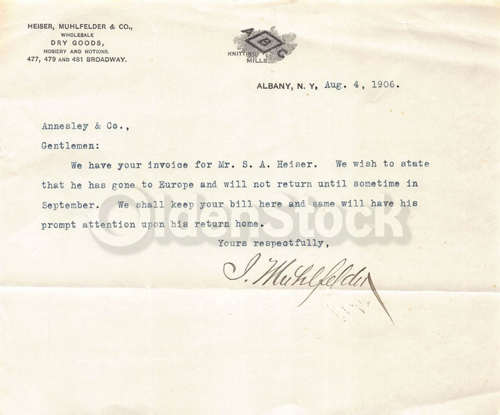 Jonas Muhlfelder Women's Clothing Store Albany NY Antique Autograph Signed Letter 1906