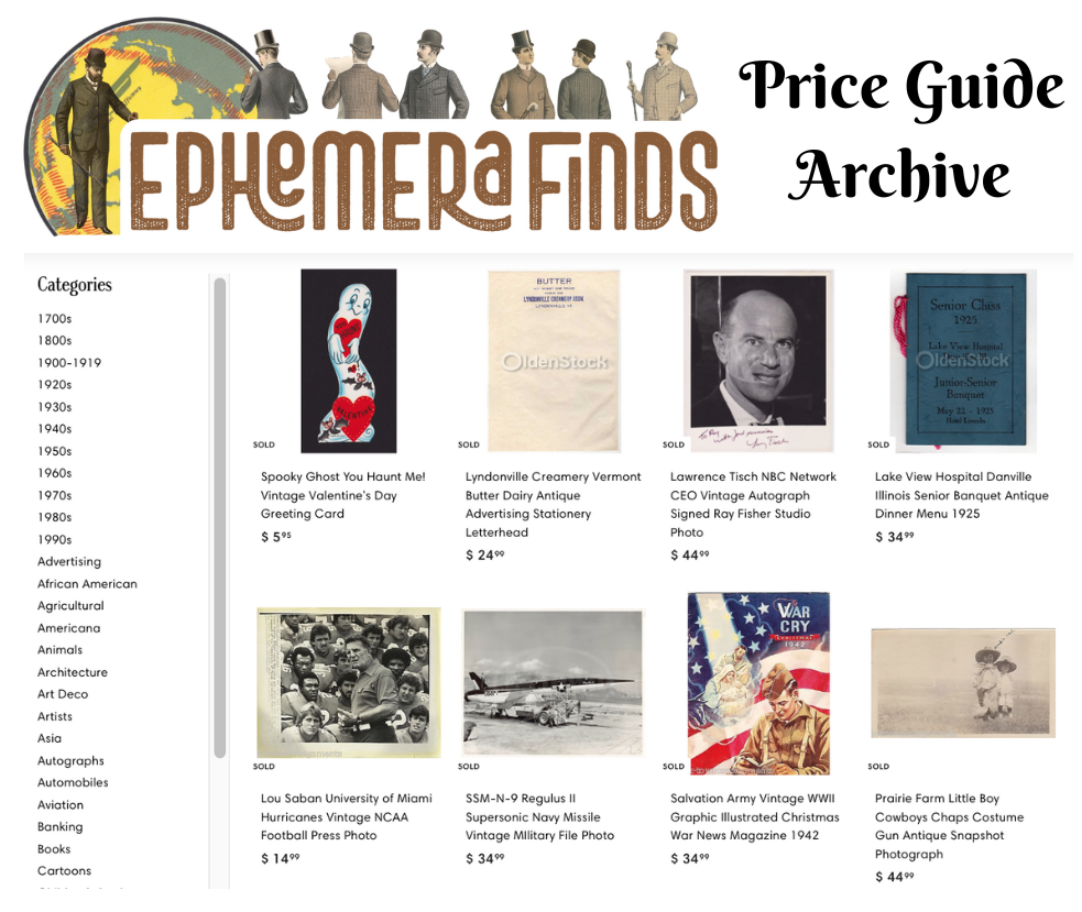 Ephemera Sold Free Price Guide Archive