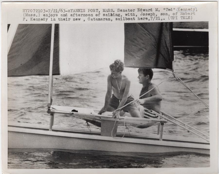 Ted & Joseph Kennedy Sailing Hyannis Port MA Vintage Polittical Press Photo 1963