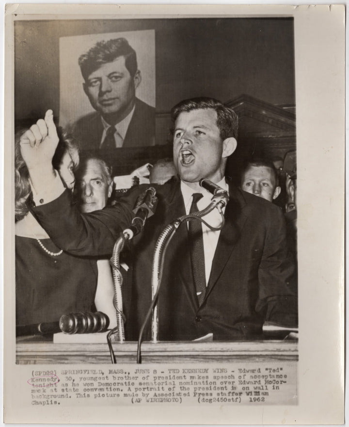 Ted Kennedy Wins Senate Bid with JFK Poster in Background Vintage Press Photo
