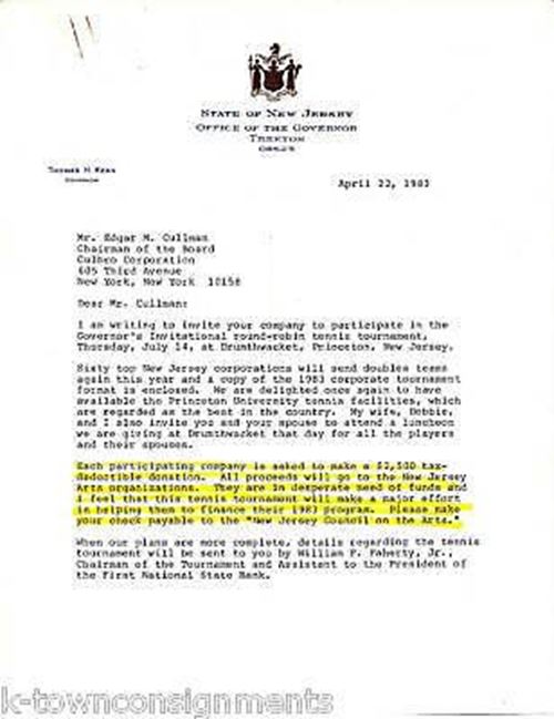 Thomas Kean NJ Governor Vintage Autograph Signed Political Letter 1983