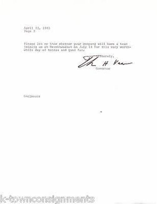 Thomas Kean NJ Governor Vintage Autograph Signed Political Letter 1983