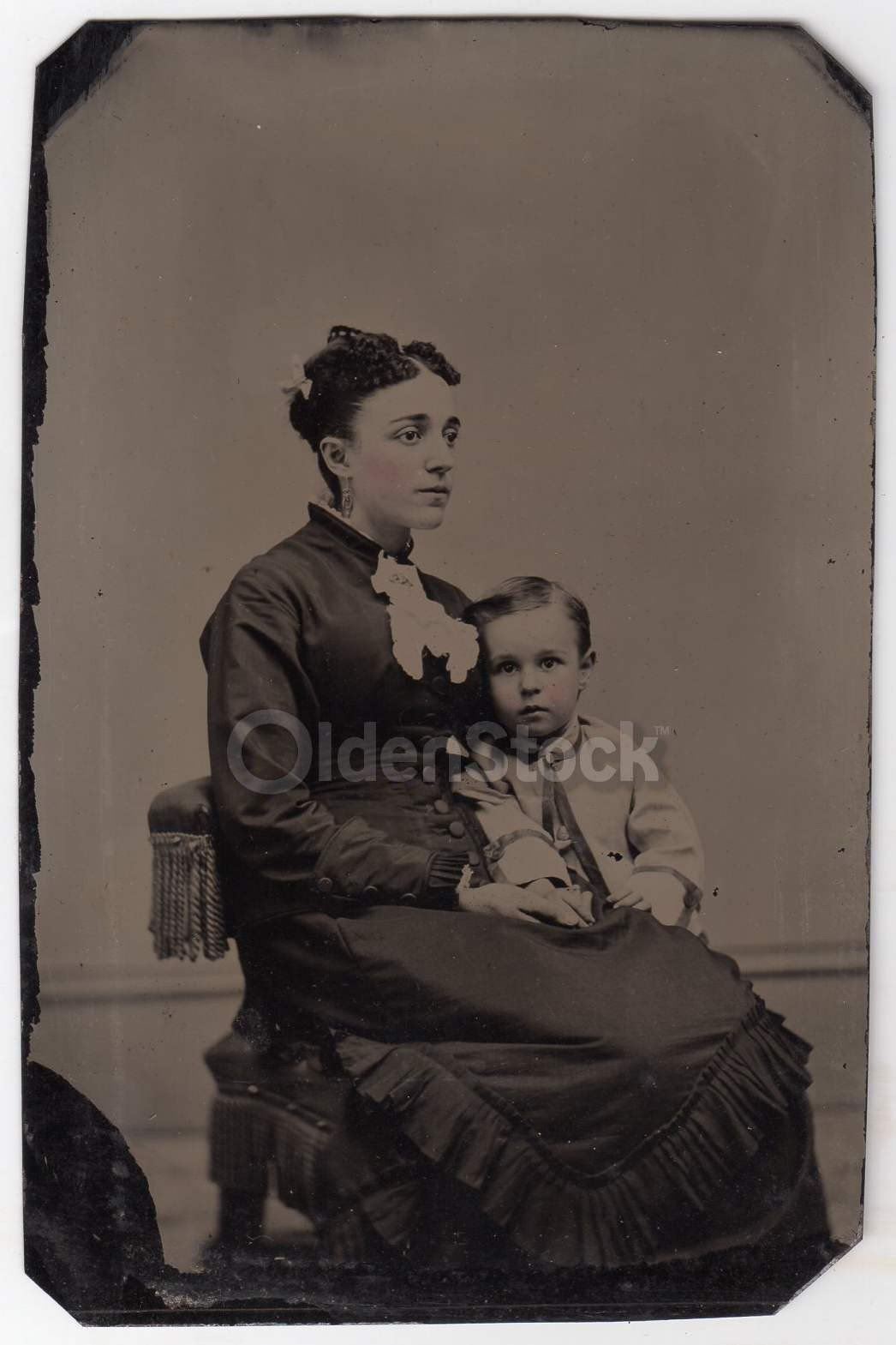 Cute Little Boy Mother & Child Embrace Crisp Antique Tintype Photo