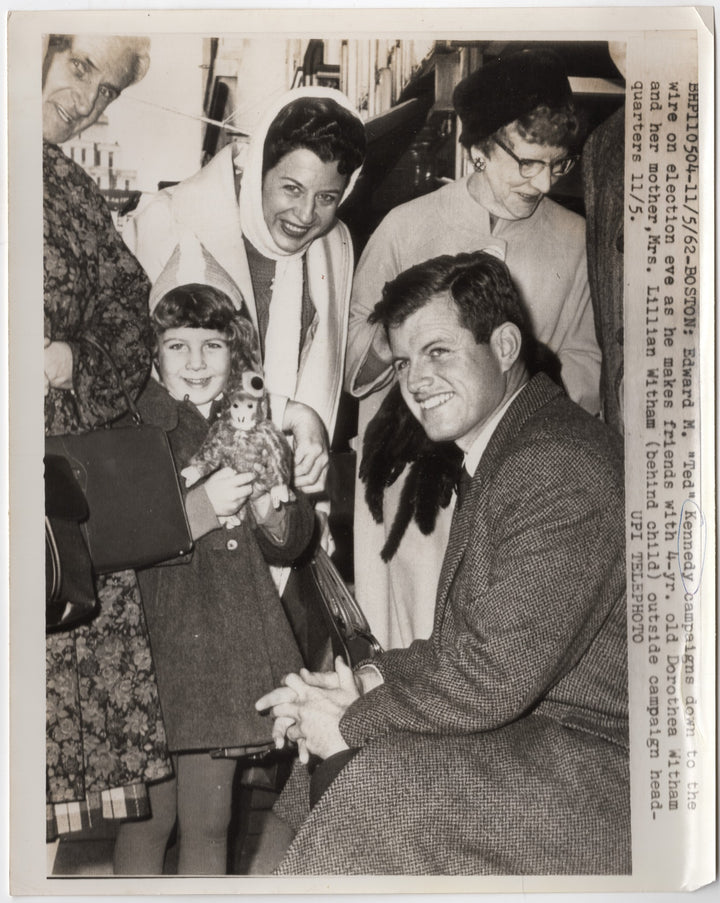 Sentaor Ted Kennedy Campaign Press Photo with Darling Little Girl & Toy Monkey
