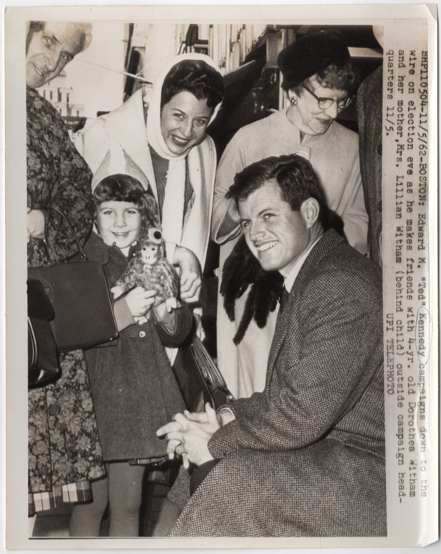 Sentaor Ted Kennedy Campaign Press Photo with Darling Little Girl & Toy Monkey