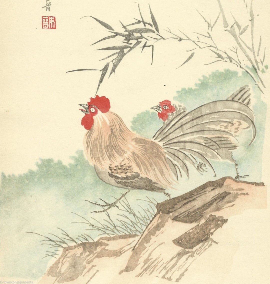 Asian Rooster Hens Vintage 1950s Jung Pao-Dsai Chinese Graphic Art Poster Print