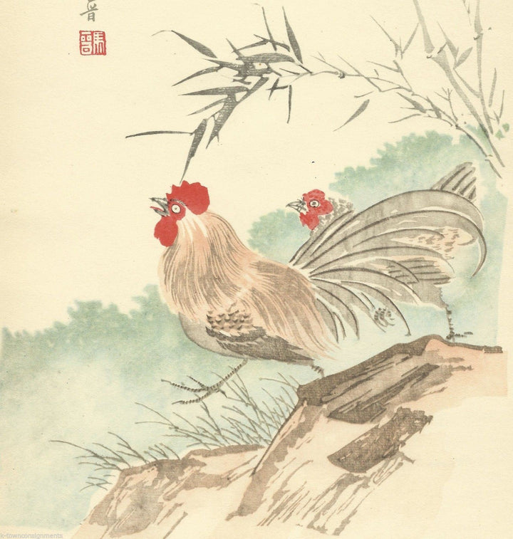 Asian Rooster Hens Vintage 1950s Jung Pao-Dsai Chinese Graphic Art Poster Print