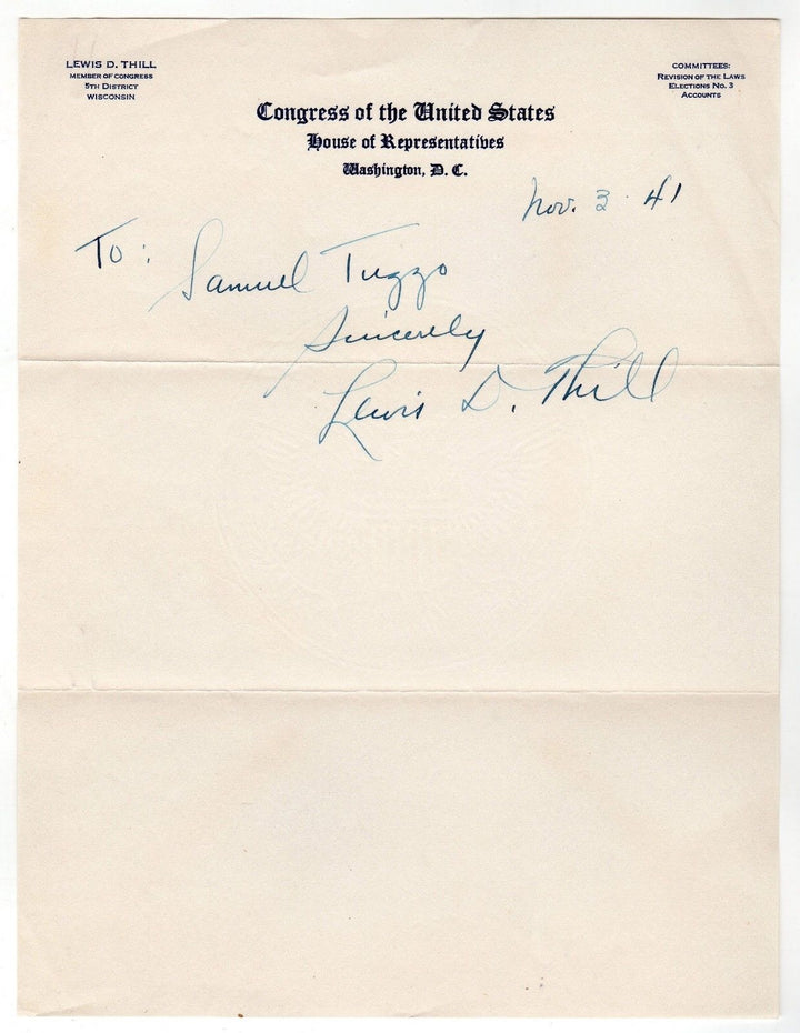 Lewis Thill Wisconsin WWII Congressman Original Autograph Signed Letter