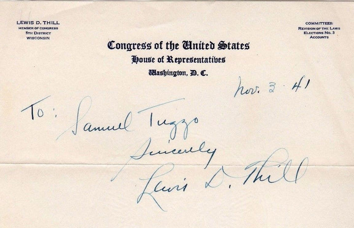 Lewis Thill Wisconsin WWII Congressman Original Autograph Signed Letter