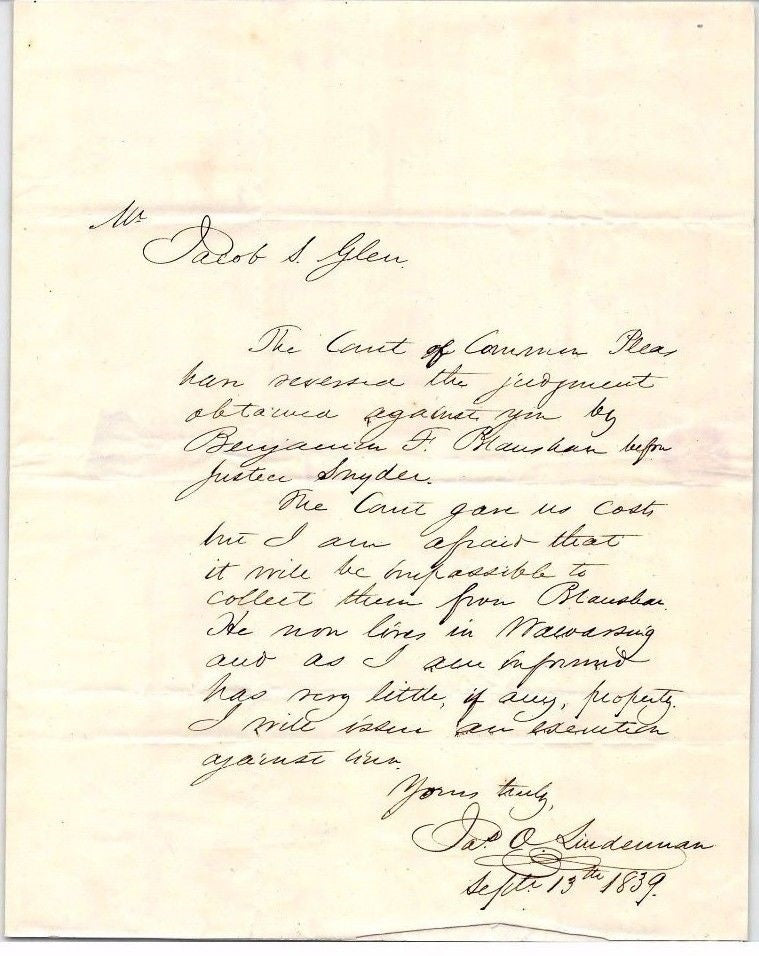 James Linderman Montgomery NY Lawyer Autograph Signed Jacob Glen Letter 1839