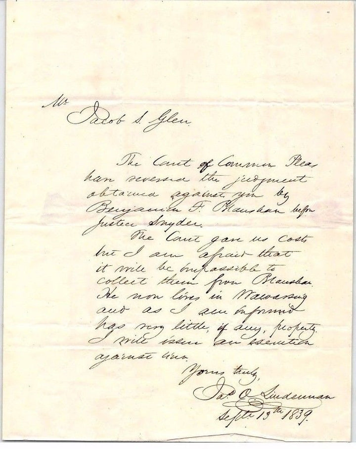 James Linderman Montgomery NY Lawyer Autograph Signed Jacob Glen Letter 1839