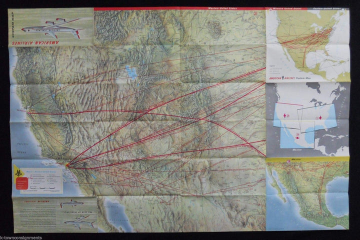 DALLAS NEW YORK WASHINGTON DC VINTAGE AMERICAN AIRLINES US ROUTES MAP POSTER