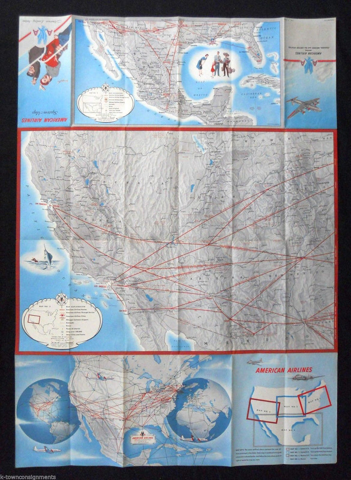 DALLAS NEW YORK WASHINGTON DC VINTAGE AMERICAN AIRLINES US ROUTES MAP POSTER