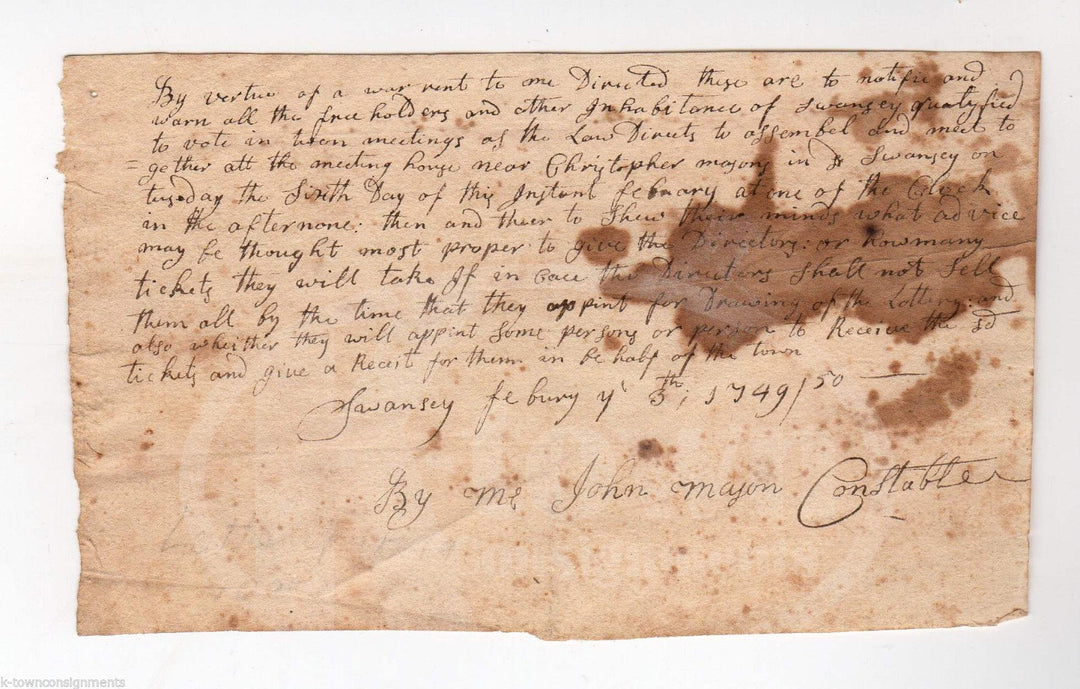 Constable John Major Swanzey NH Lottery Ticket Antique Autograph Signed 1749