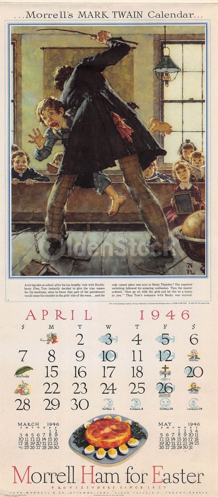 Tom Sayer Late for School Whipping Vintage Norman Rockwell Calendar Poster 1946