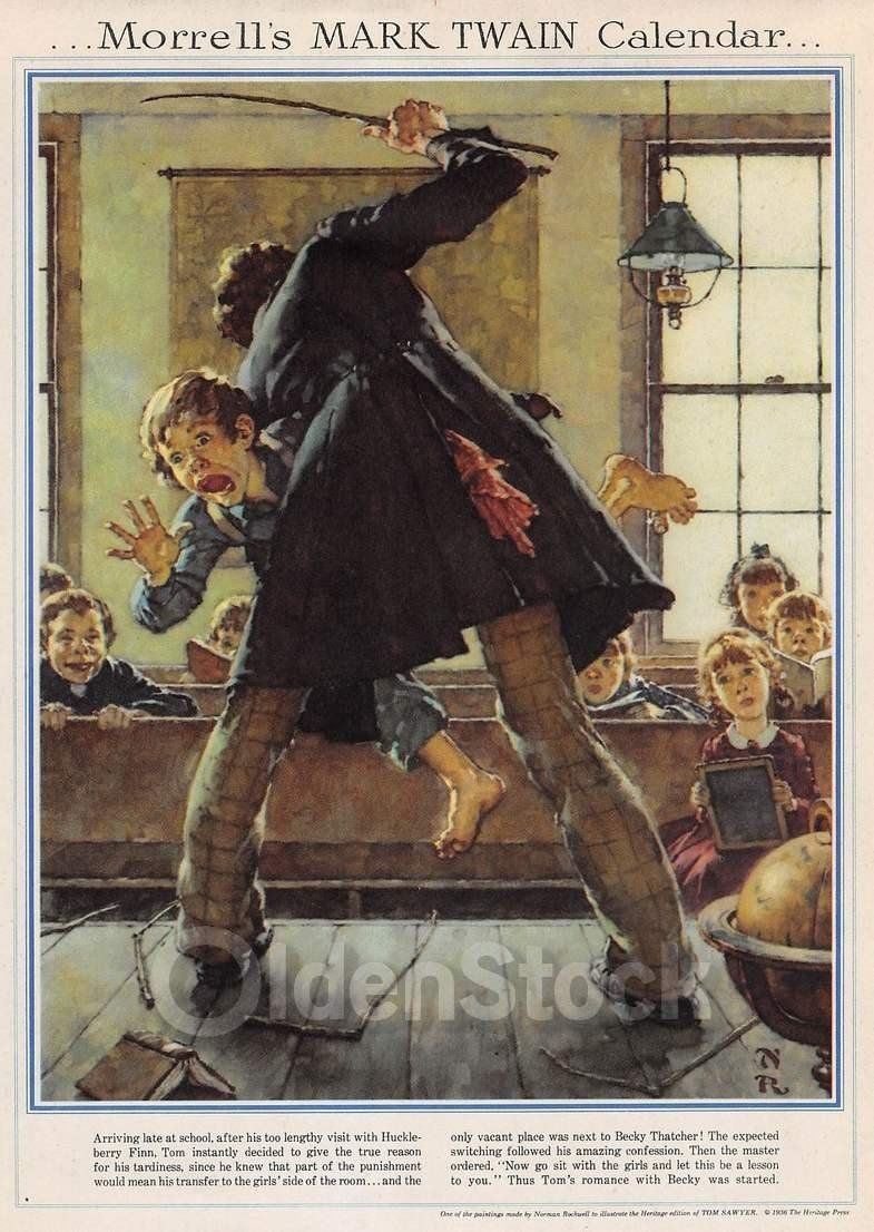 Tom Sayer Late for School Whipping Vintage Norman Rockwell Calendar Poster 1946