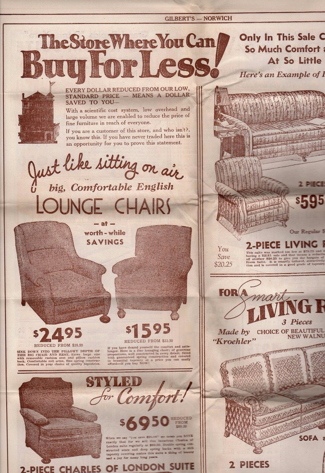 Gilbert's Furniture Store Norwich CT Vintage Graphic Advertising Sales Poster