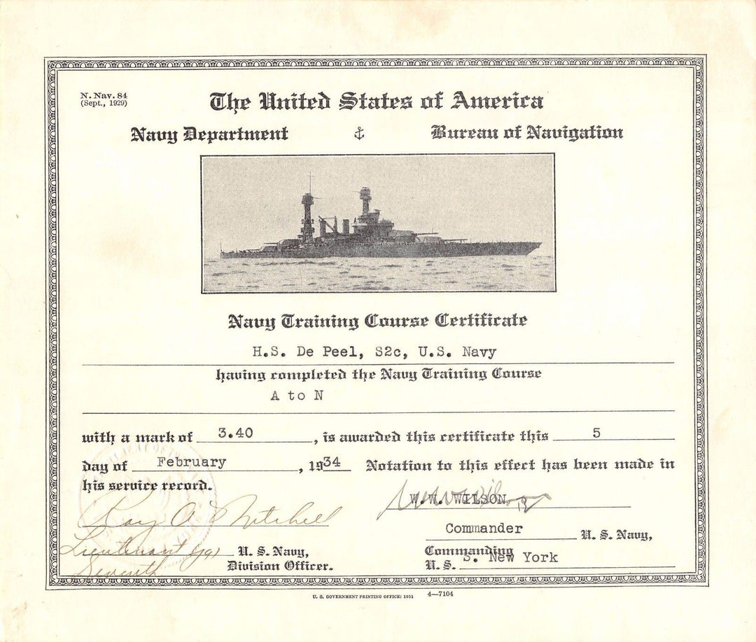 USS New York Commander Signed US Navy Training Course Certificate 1934