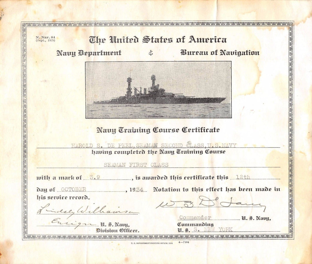 USS New York Commander Autograph Signed US Navy Training Certificate 1934