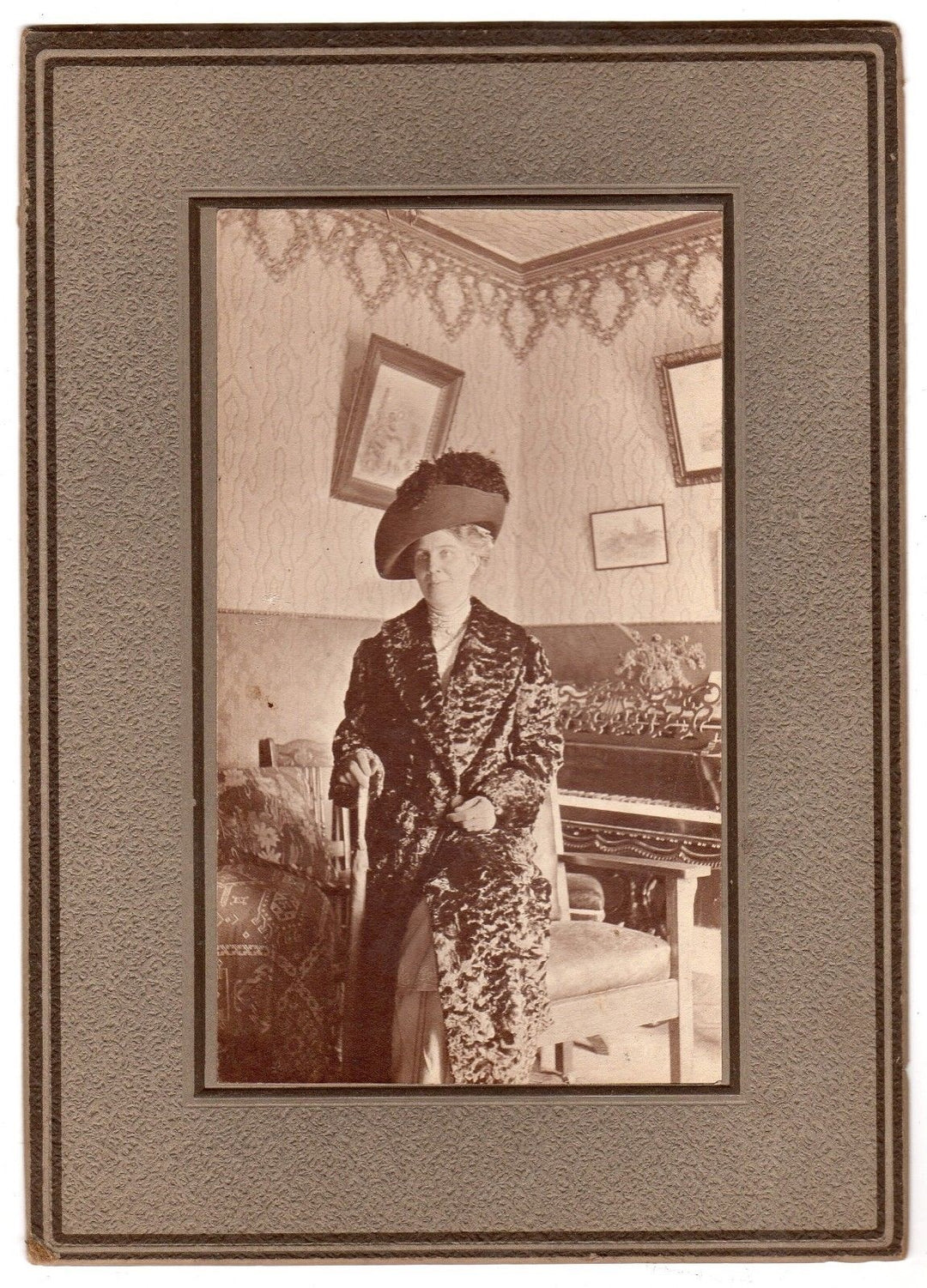 Wealthy Victorian Lady in Fur Coat Nice Interior Shot Antique Photo on board