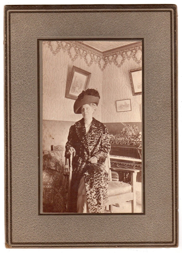 Wealthy Victorian Lady in Fur Coat Nice Interior Shot Antique Photo on board