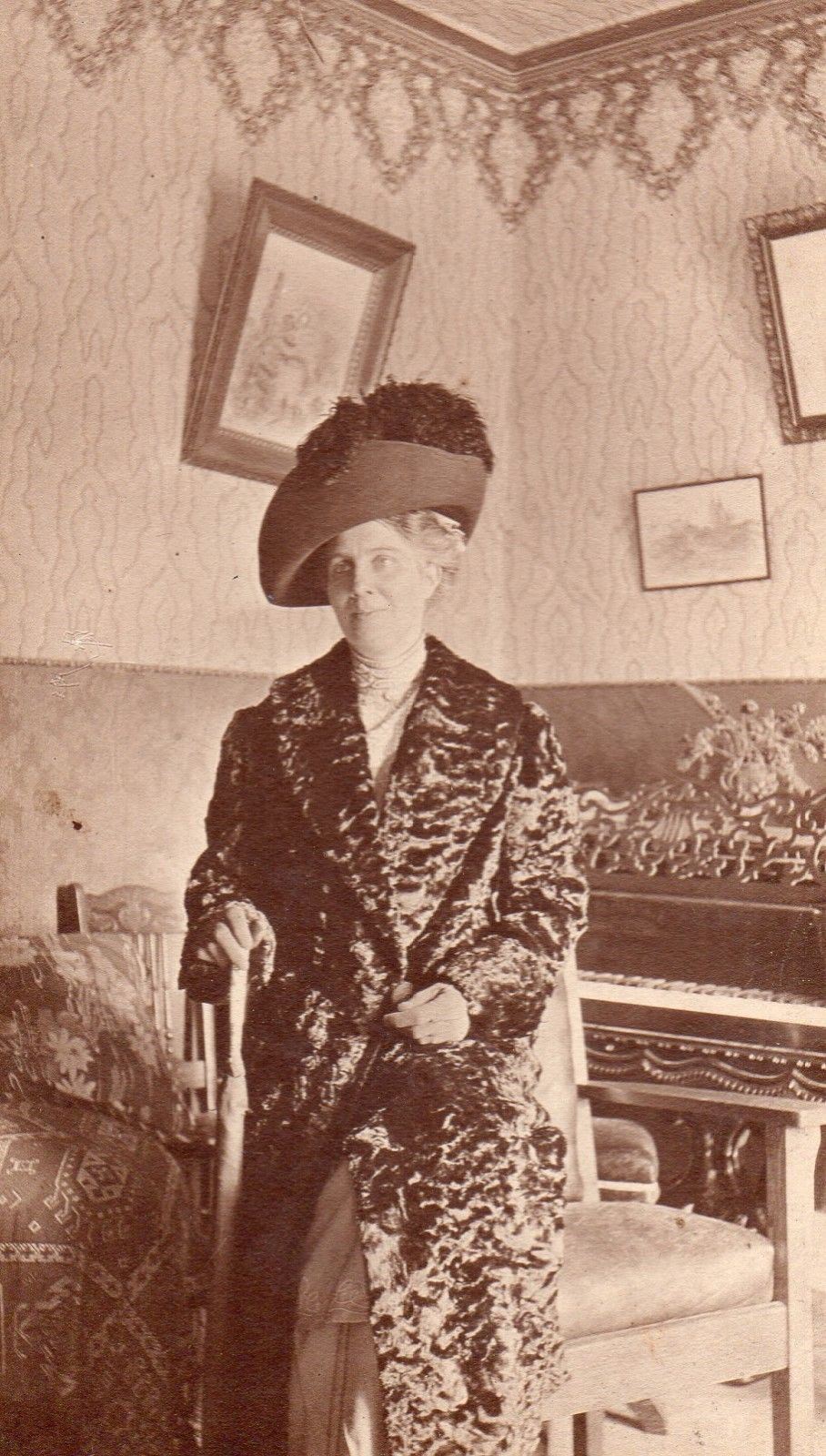 Wealthy Victorian Lady in Fur Coat Nice Interior Shot Antique Photo on board