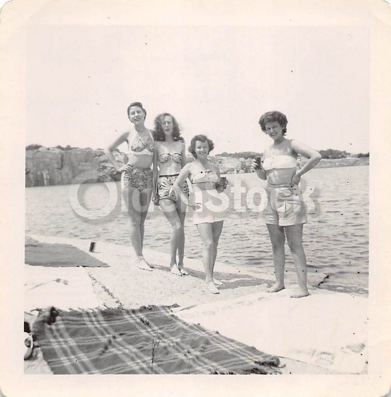 Lovely Summer Swimsuit Babes Drinking Vintage 1940s b&w Snapshot Photo #07