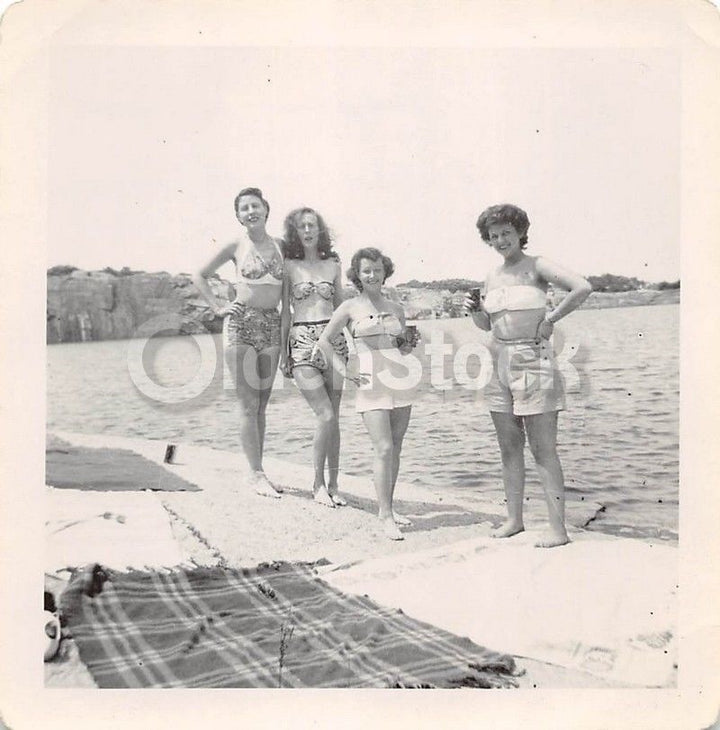 Lovely Summer Swimsuit Babes Drinking Vintage 1940s b&w Snapshot Photo #07