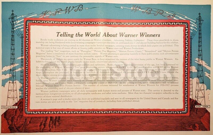 Warner Brothers Silent Film Advertising NY to Hollywood Graphic Art Poster 1926