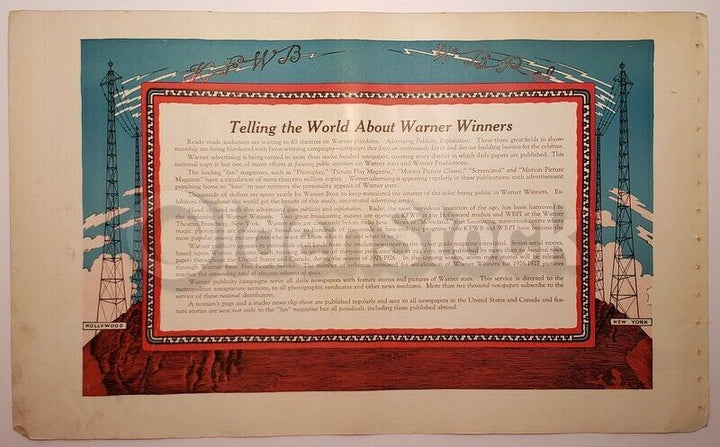 Warner Brothers Silent Film Advertising NY to Hollywood Graphic Art Poster 1926