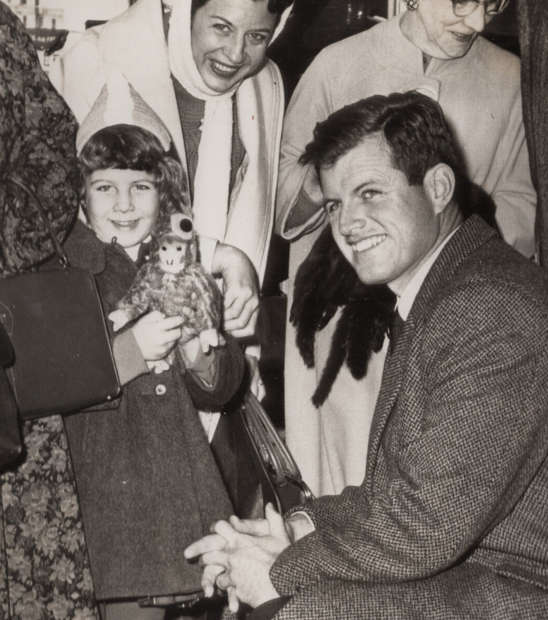 Sentaor Ted Kennedy Campaign Press Photo with Darling Little Girl & Toy Monkey
