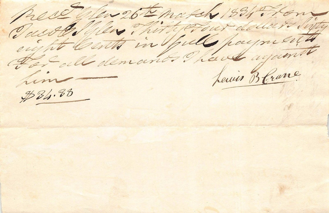 Lewis B. Crane Schenectady New York Antique Autograph Signed Business Receipt