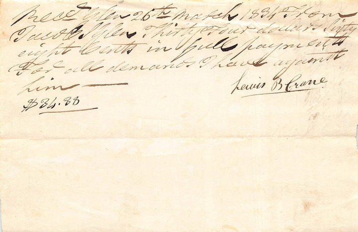 Lewis B. Crane Schenectady New York Antique Autograph Signed Business Receipt