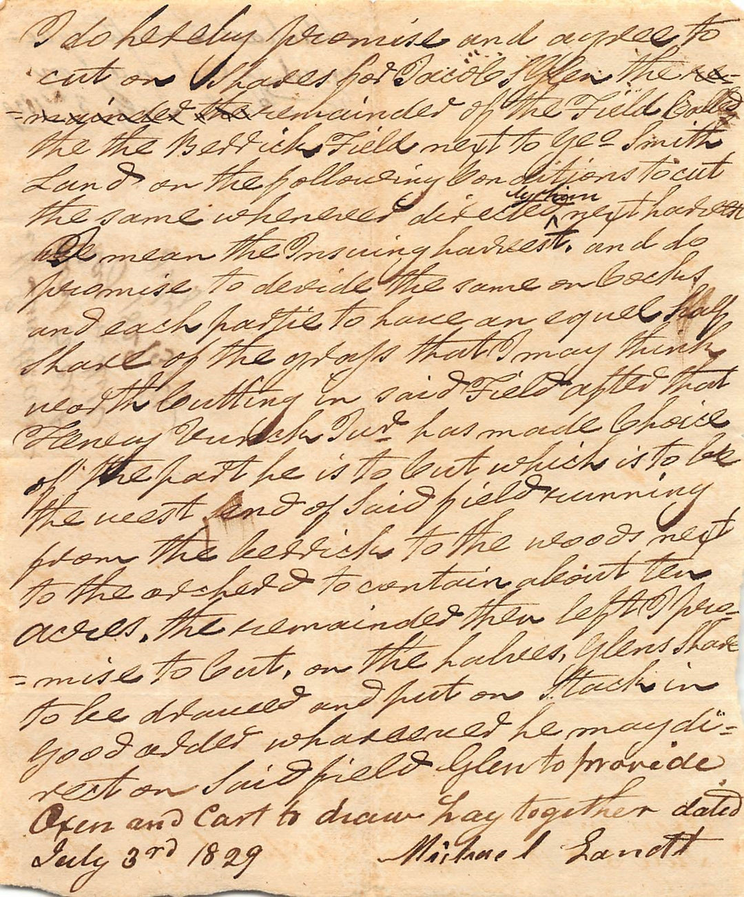 Glen New York Autograph Signed Farm Work Agreement Letter to Founder Jacob Glen