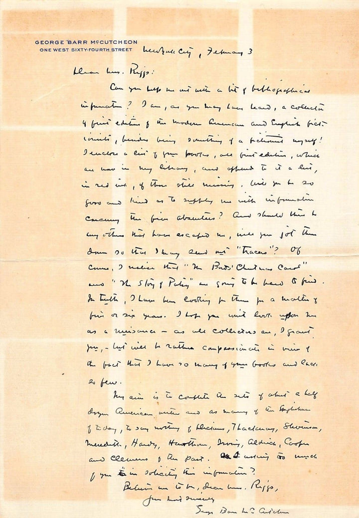 George Barr McCutcheon Brewster's Millions Author Autograph Signed Letter