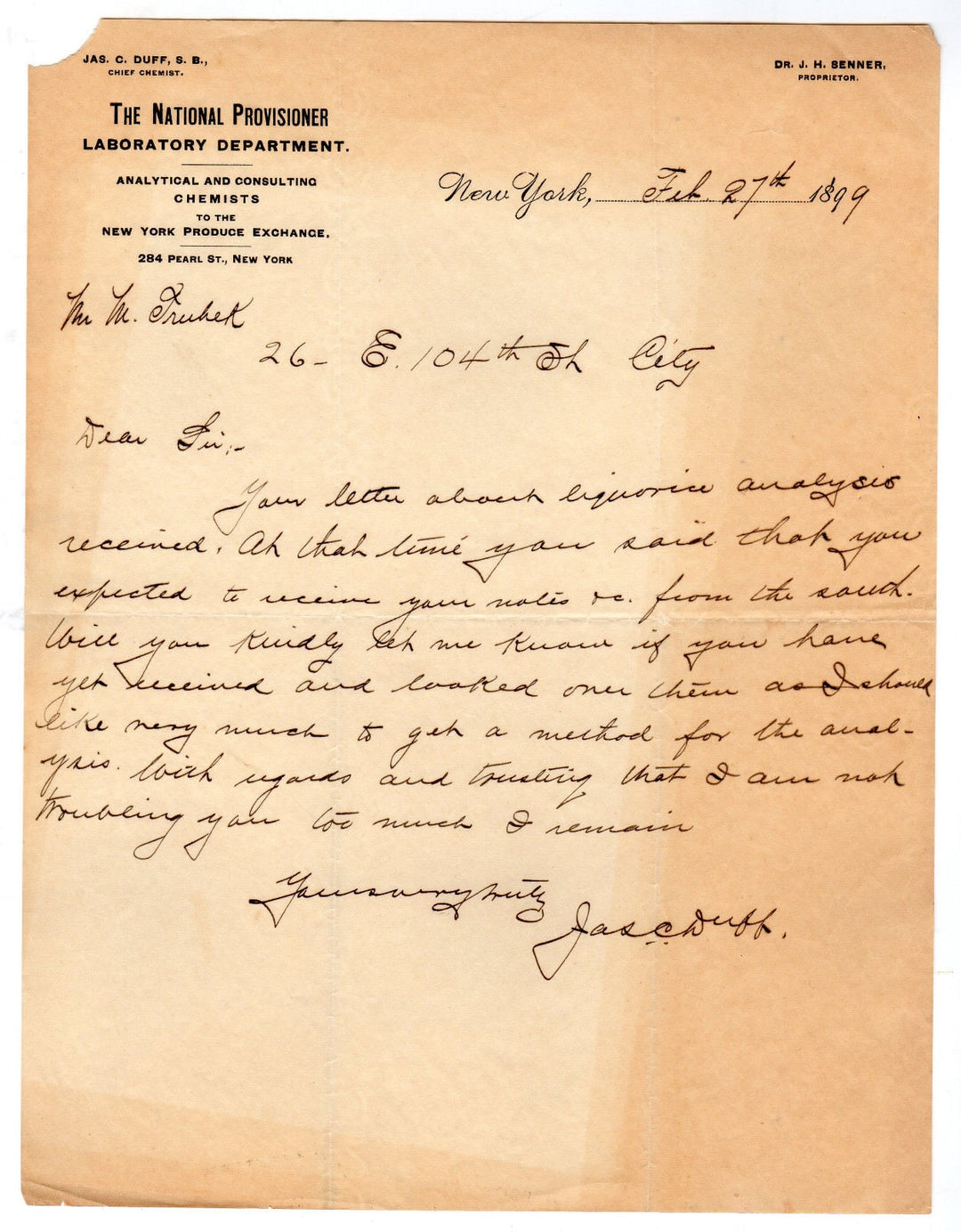 National Provisioner Laboratory New York Antique Signed Stationery Letter 1899
