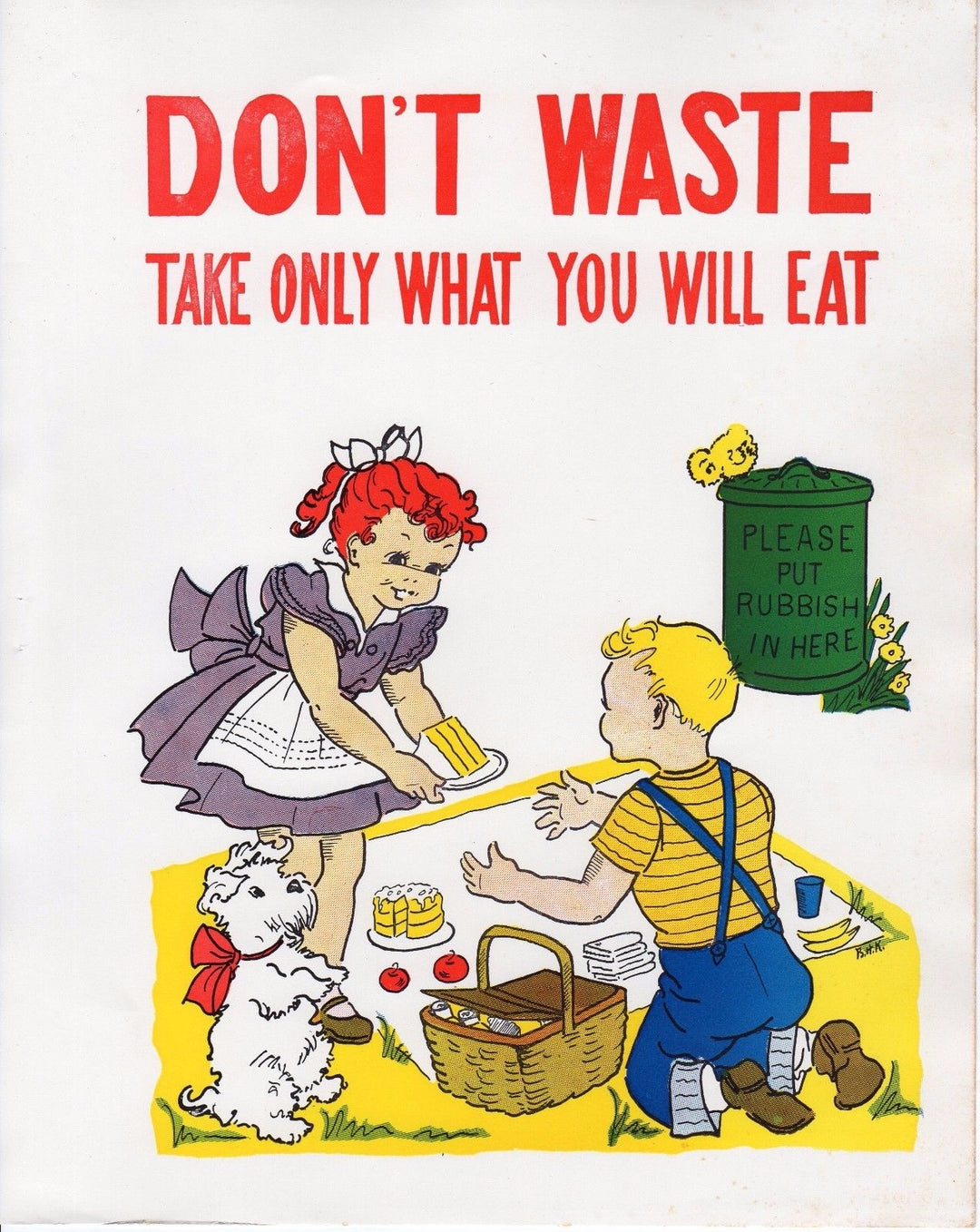 Waste Not Want Not Little Boy & Girl Vintage Kids School Educational Poster