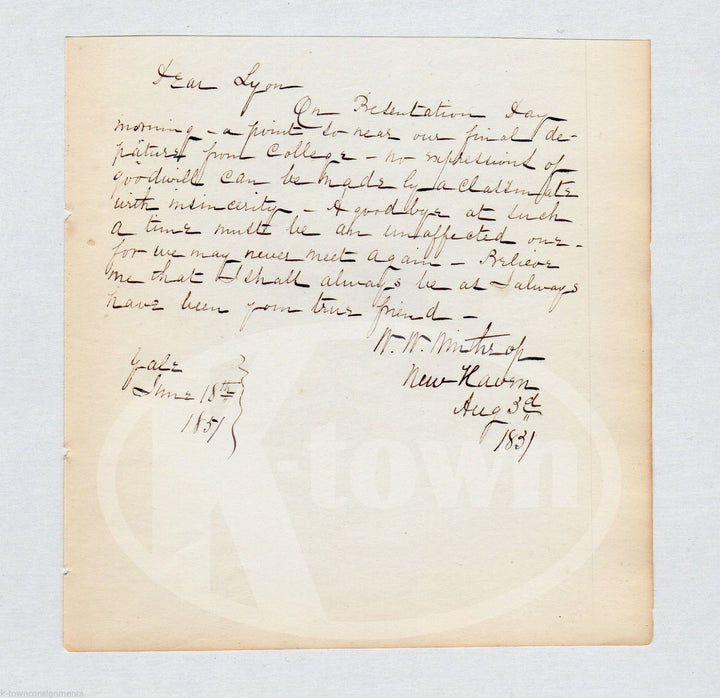 William Winthrop Colonel Civil War Military Law Yale Grad Autograph Signed Note