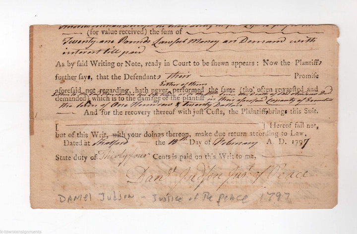 Daniel Judson Revolutionary War Patriot & Justice of Peace Autograph Letter 1797