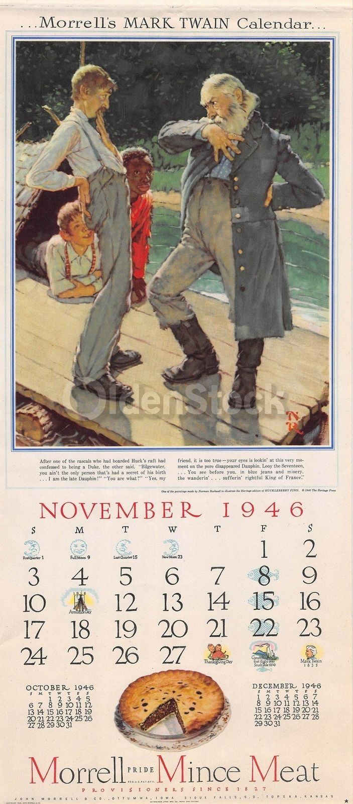 Rascals Aboard Huck Finn Vintage Norman Rockwell Morrell Ham Calendar Print 1946