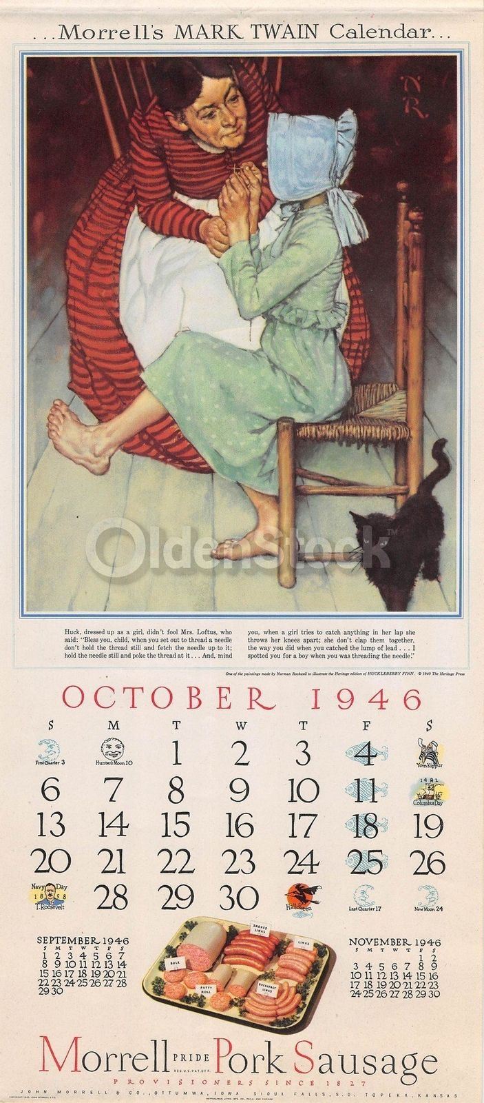 Huck Finn Dressed as a Girl Vintage Norman Rockwell Calendar Print 1946