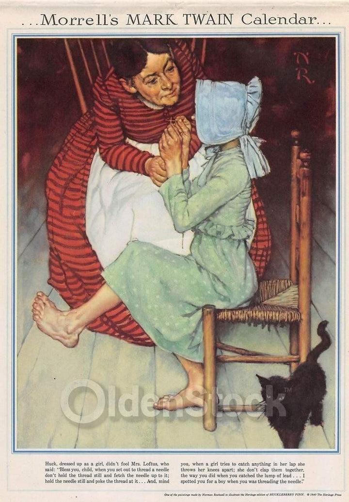 Huck Finn Dressed as a Girl Vintage Norman Rockwell Calendar Print 1946