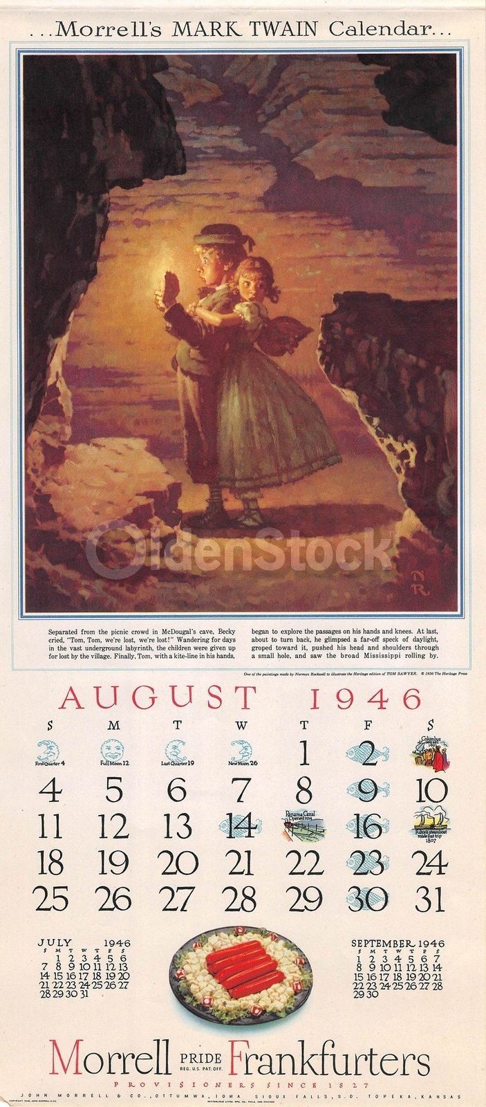 Tom Sawyer & Becky Lost Vintage Norman Rockwell Morrell Hotdogs Calendar Print