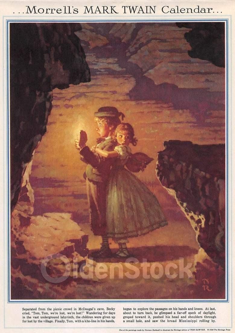 Tom Sawyer & Becky Lost Vintage Norman Rockwell Morrell Hotdogs Calendar Print