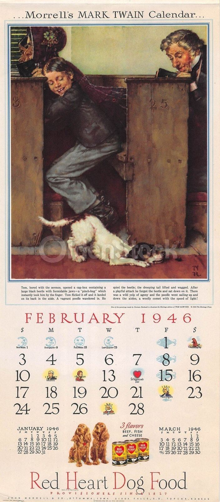 Tom Sawyer & Dog in Church Vintage Norman Rockwell Calendar Print 1946