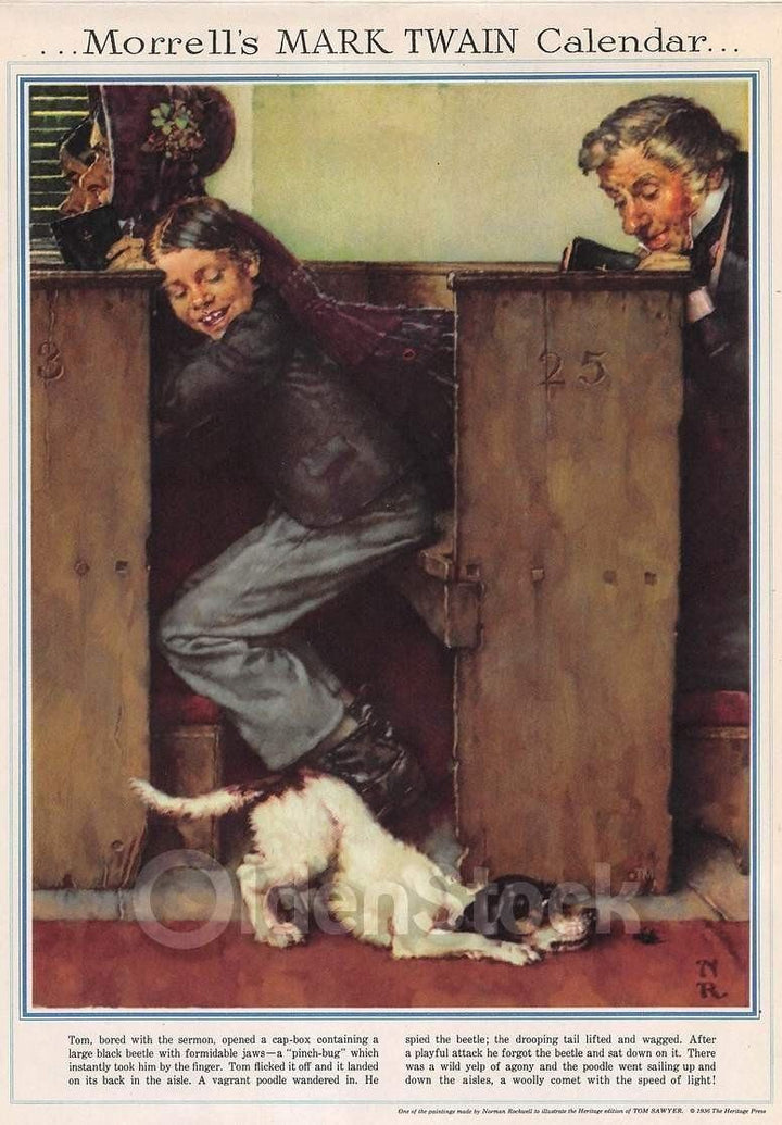Tom Sawyer & Dog in Church Vintage Norman Rockwell Calendar Print 1946