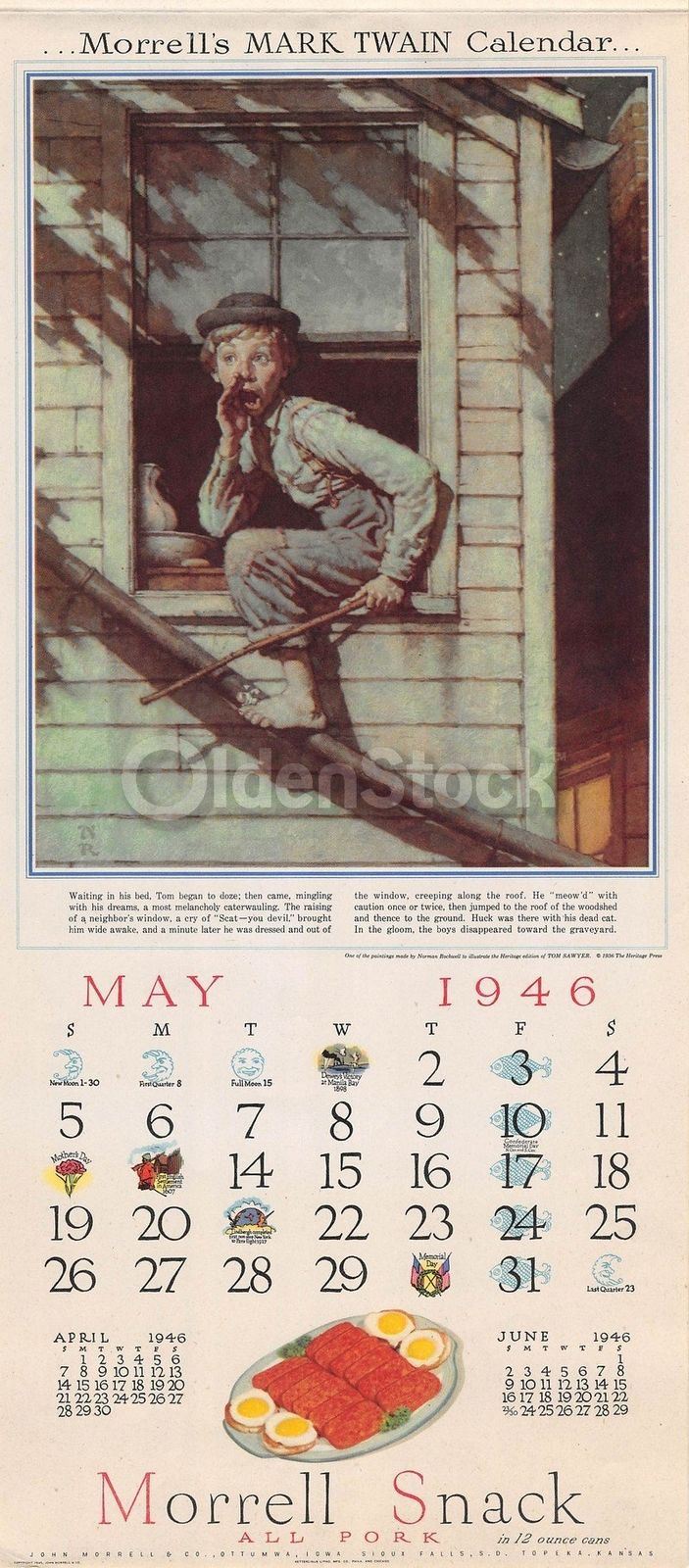 Huck Finn & Tom Sayer Sneaking Out Vintage Norman Rockwell Calendar Poster 1946