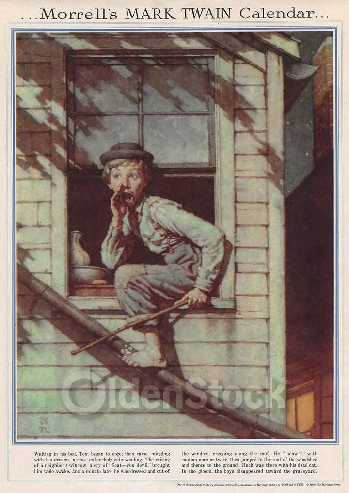 Huck Finn & Tom Sayer Sneaking Out Vintage Norman Rockwell Calendar Poster 1946