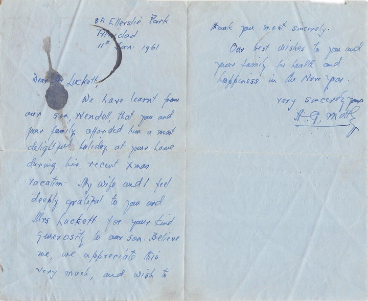 Wendell Mottley Trinidad Politician's Father Signed West Indies Air Mail Letter